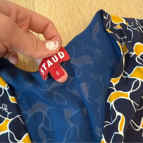 STAUD Mini Milla Dress in navy yellow abstract print size 4 - Picture 6 of 9